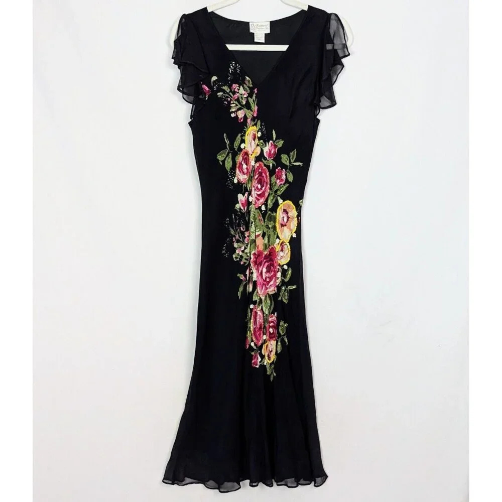 Vintage 90s Y2K Raiment Fashions Inc. NEW YORK Sequin Floral Midi Dress Goth M